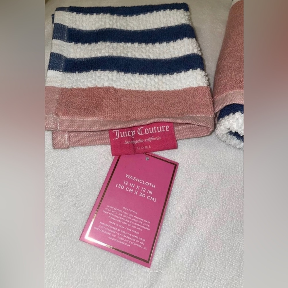🎉HP🎉New! Juicy Couture Pink/Navy Striped Logo Bath Towel 3 Piece Set🤍🎀 - Picture 7 of 10